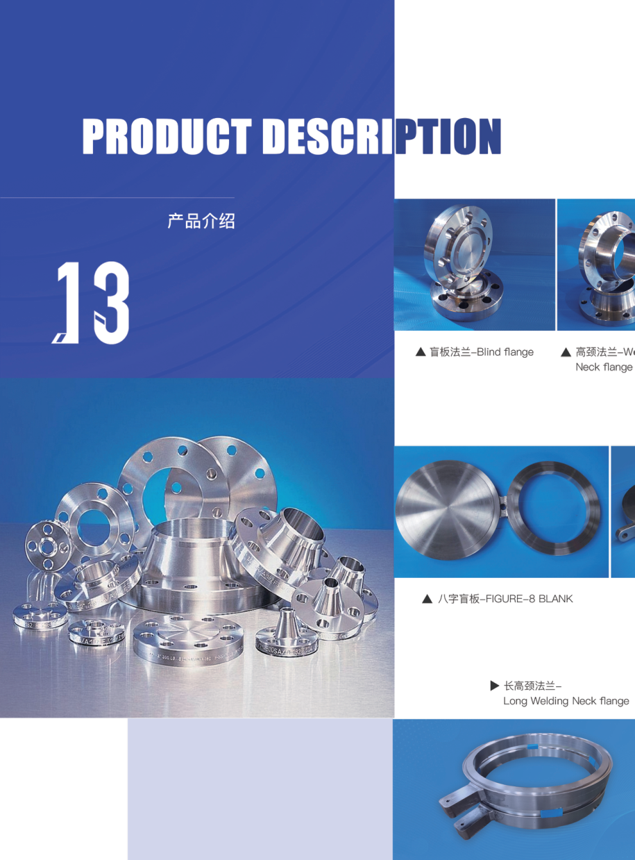 Brochure product page showing blind flange and long welding neck flange
