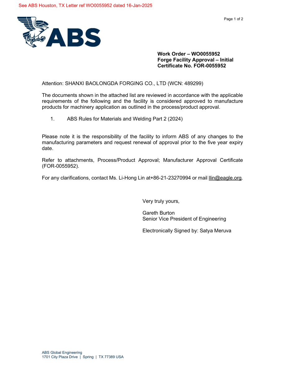 Preview of ABS forge facility approval certificate